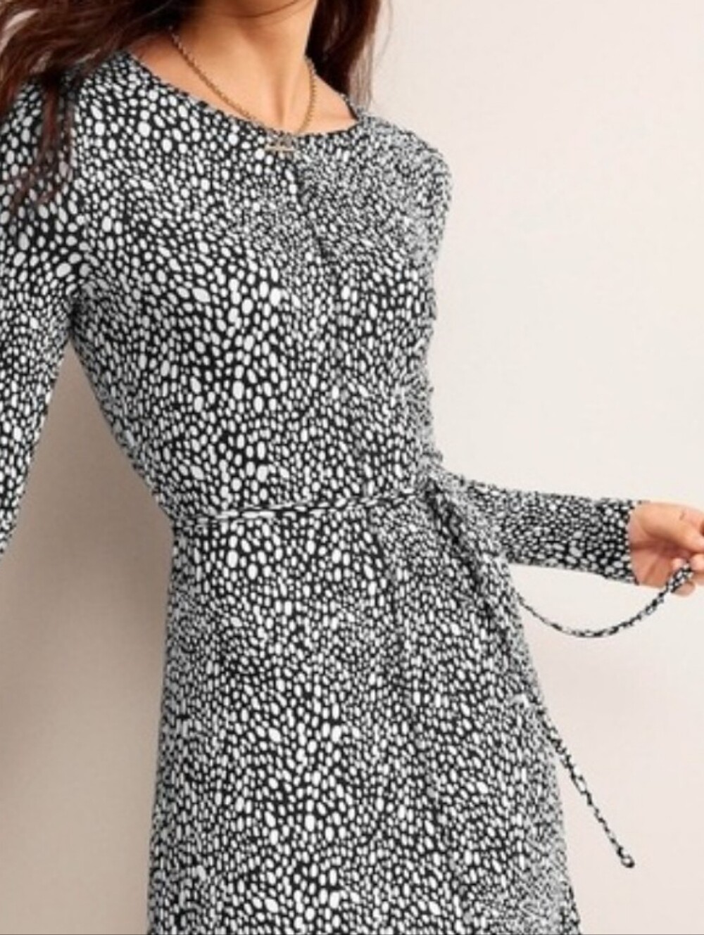 Boden Lucy EcoVero Tie Waist Midi Dress Black White Pebble Print Long Sleeve 4 - Picture 6 of 11